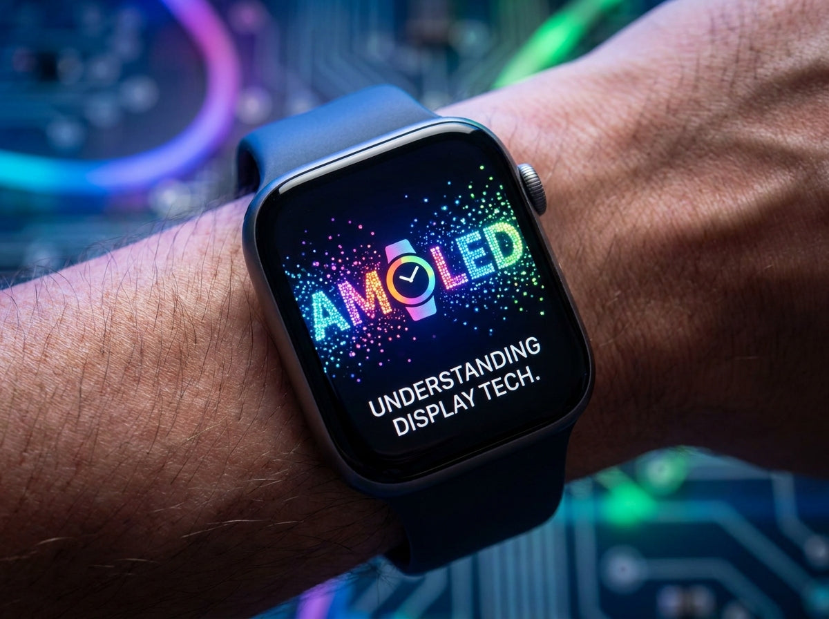 Smartwatch on wrist displaying vibrant AMOLED text and Understanding Display Tech against a glowing circuit board background