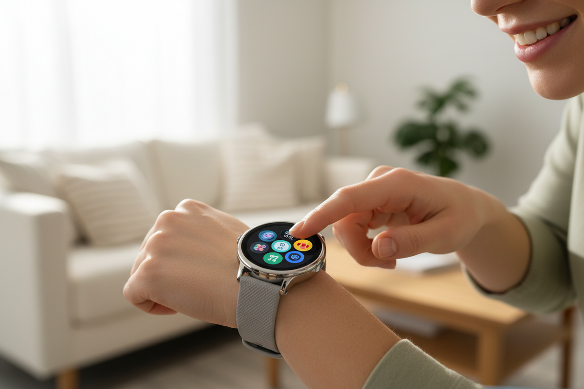 Person swiping a smartwatch screen for the first time showing a watch face selection grid, illustrating the beginner's guide to setting up a smartwatch including pairing, changing watch faces, and learning gestures